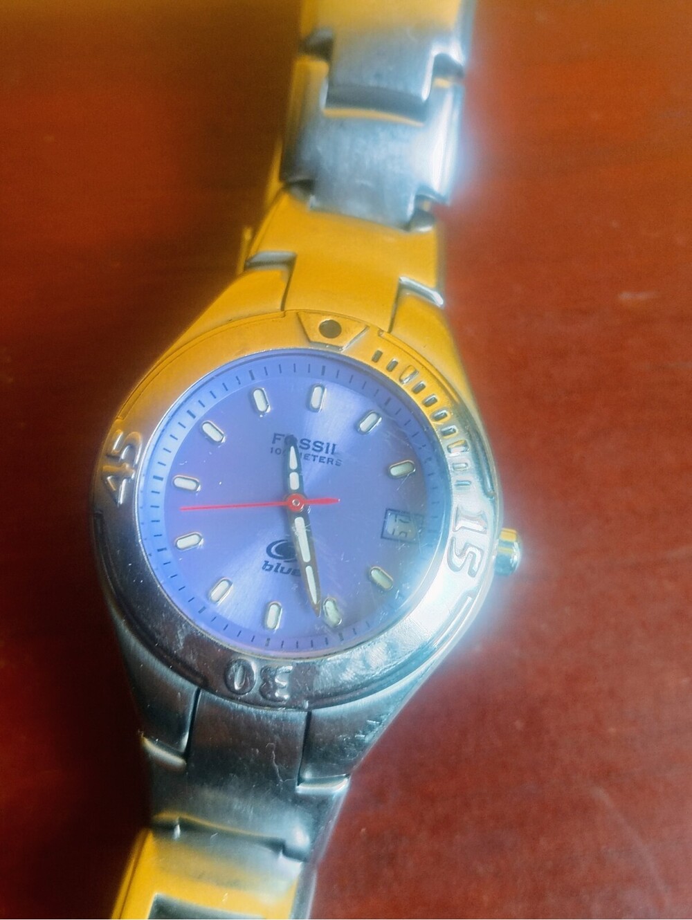 Vintage Fossil Blue Womens Watch Purple Dial Stainless Steel Date AM-3456